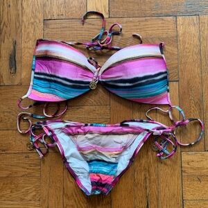 🚫SOLD🚫 LULI FAMA Multi Color Bandeau Halter Bikini Top Size L and Bottom Bikini